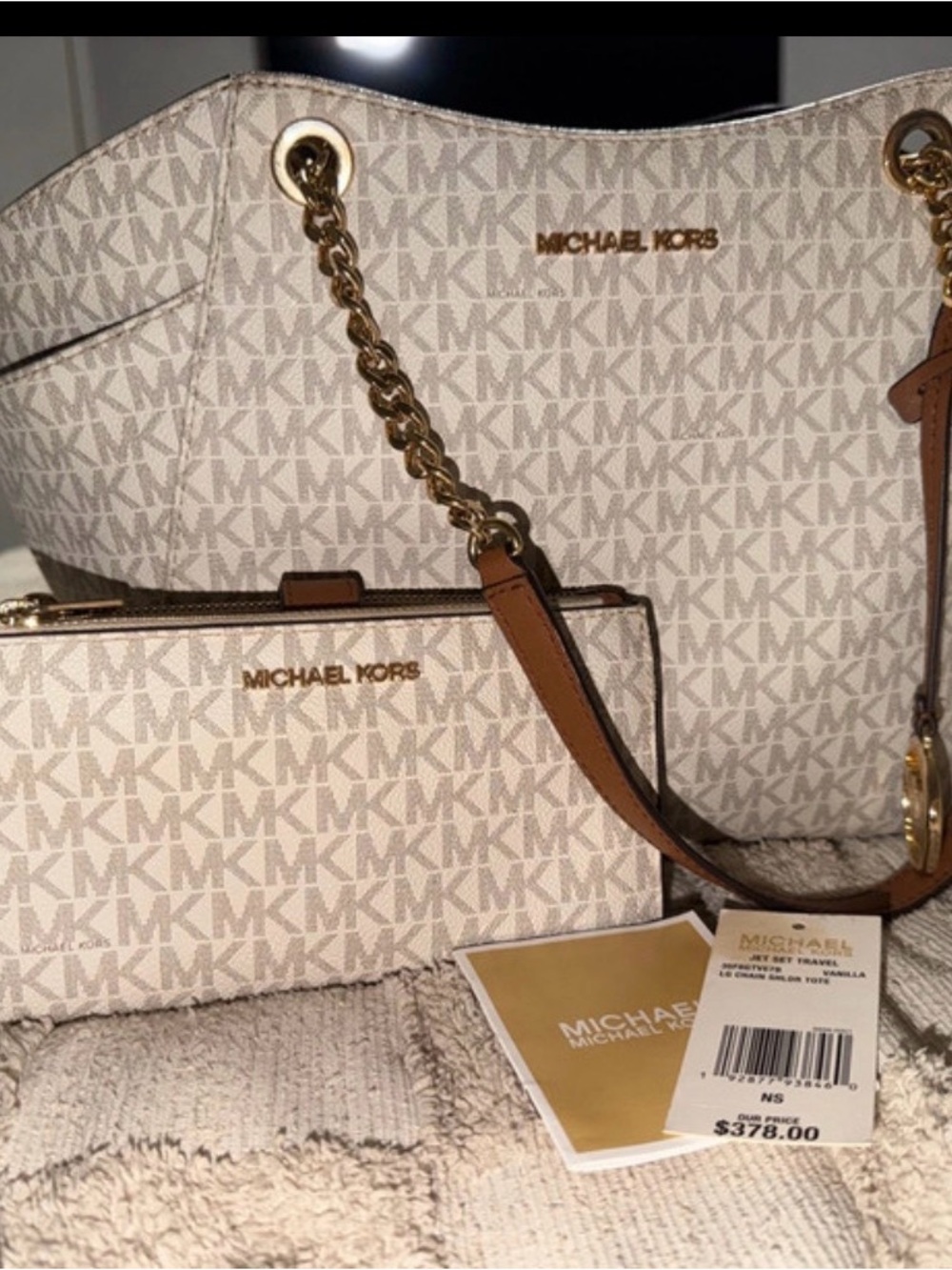 Michael Kors Cream Monogram Tote with Brown Trim & Matching Wristlet
